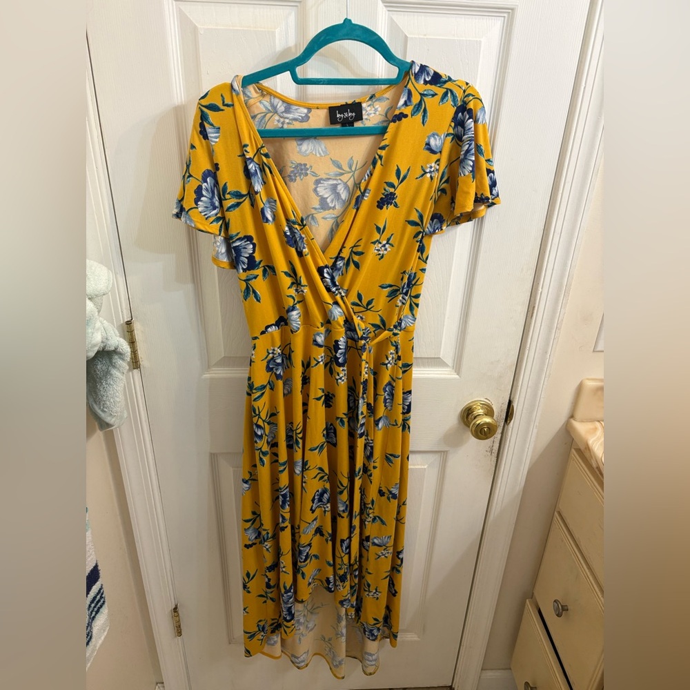by & by Mustard and Navy Floral Midi Dress